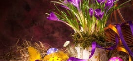 art Easter background with crocuses and Easter eggs