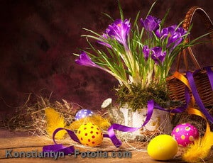 art Easter background with crocuses and Easter eggs