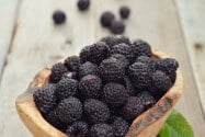 Blackberry in wooden bowl on wood background closeup