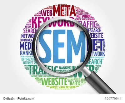 SEM - Search Engine Marketing word cloud with magnifying glass, business concept